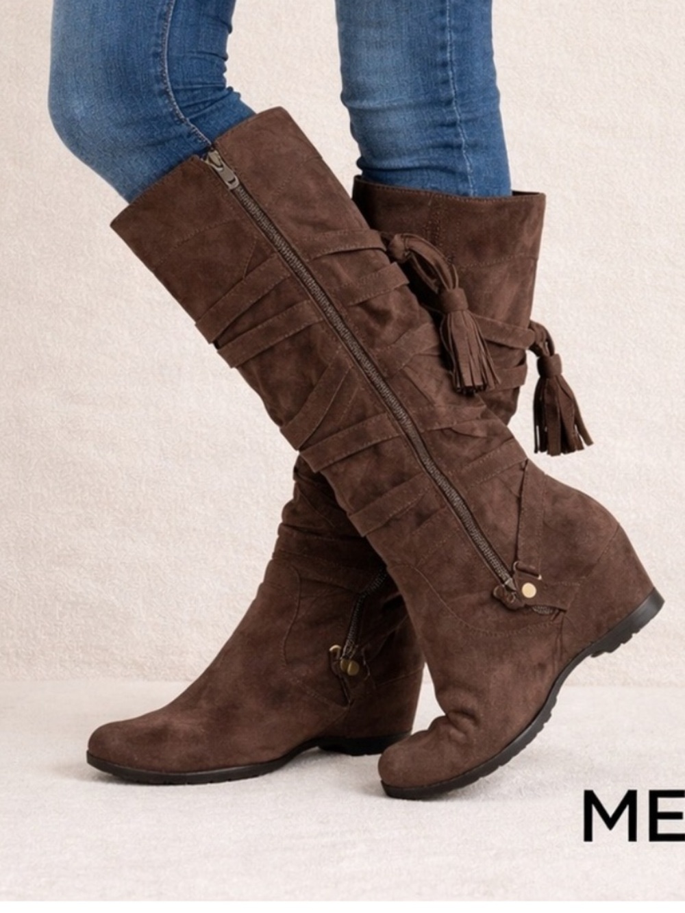 me too Dark Brown Suede Leather Tassel Wedge Knee Boots
